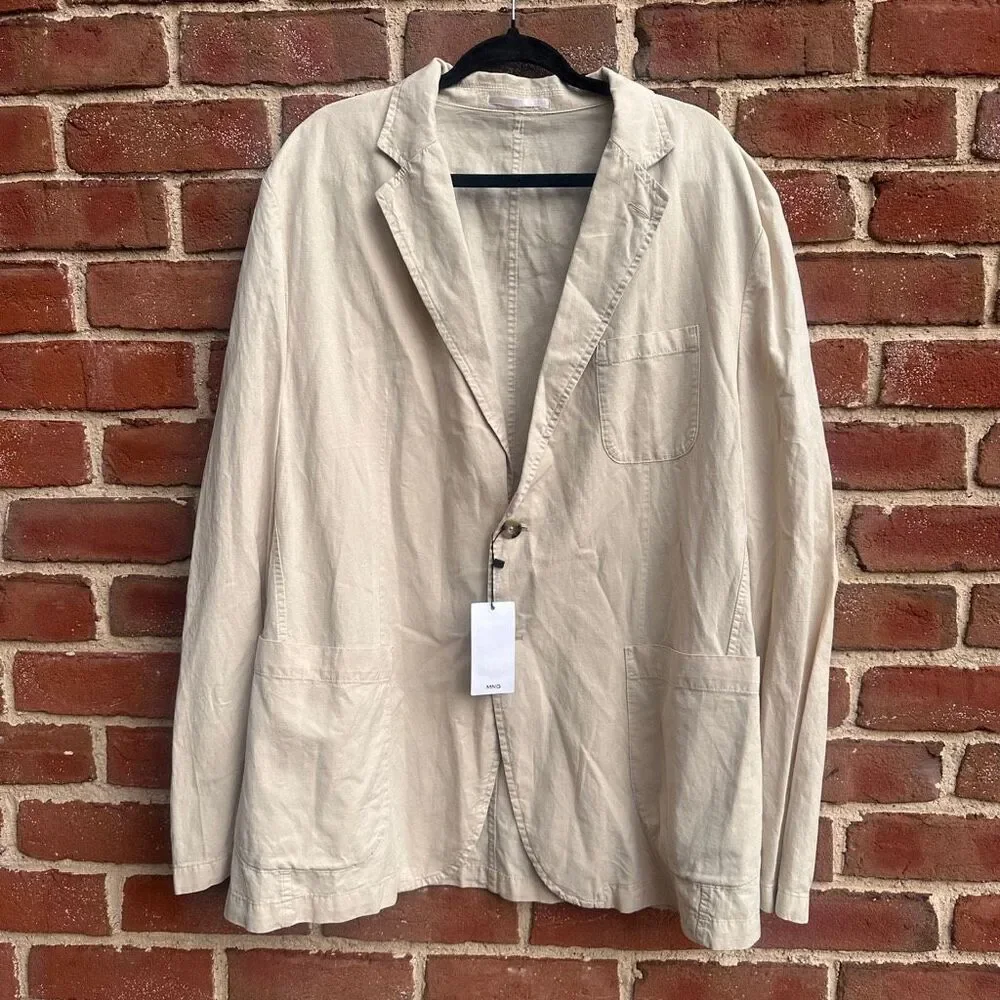 MNG by MANGO $250 Delave Smart Slim Fit Linen Lyocell Blazer Ecru Mens 46 NEW